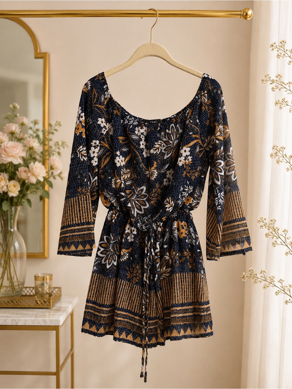 TRAC Floral Romper Size M Navy Orange Bell Sleeve Tie Waist Boho Playsuit